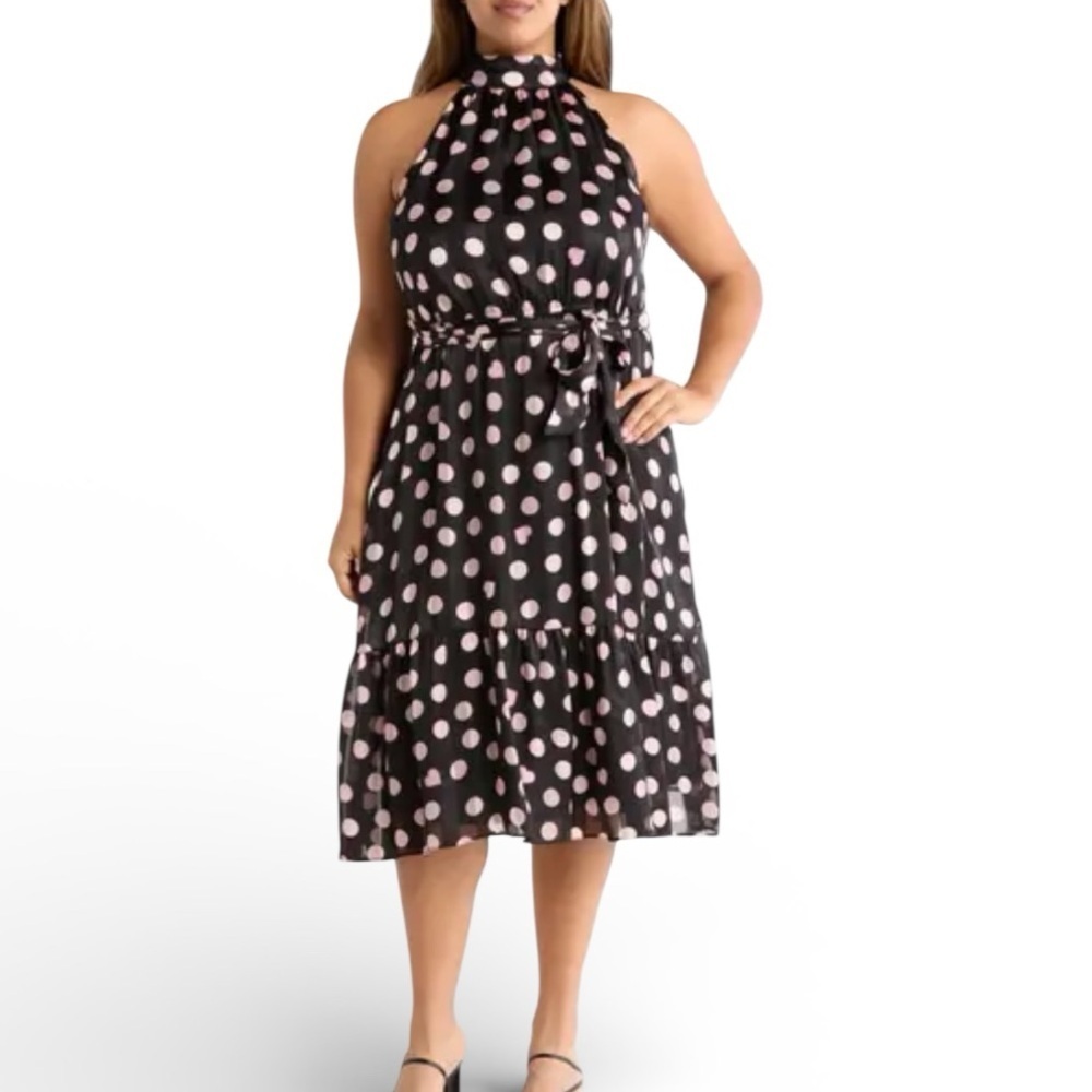 London Times Black and Pink Heart & Dot Sleevless Fit & Flare Dress